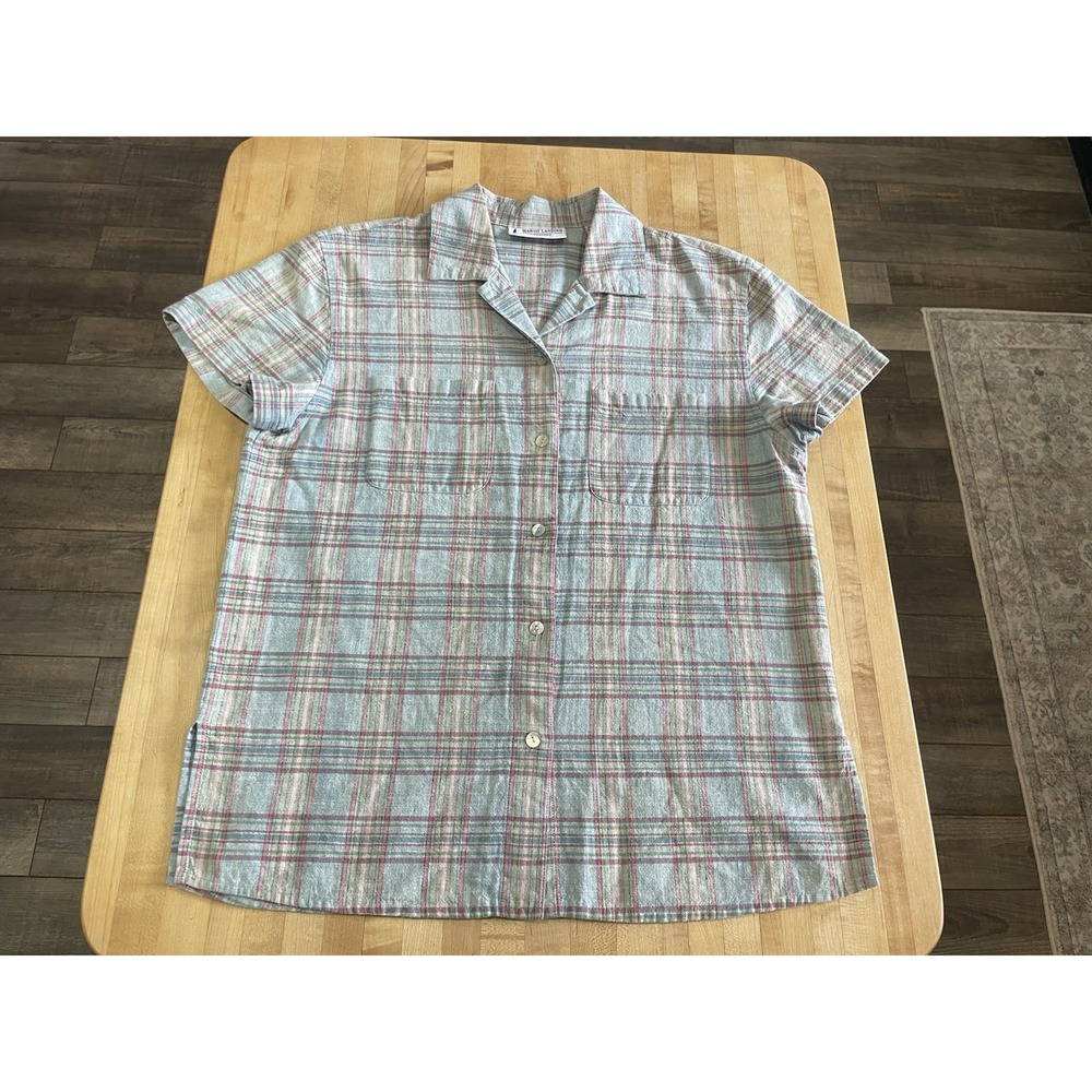 90s Marsh Landing Linen Cotton Camp Shirt Short Sleeve Button Blue Pink Plaid PS